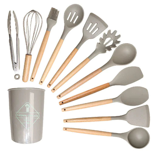 Silicone Kitchen Tool Set with Light Wood Handle (12-Piece)