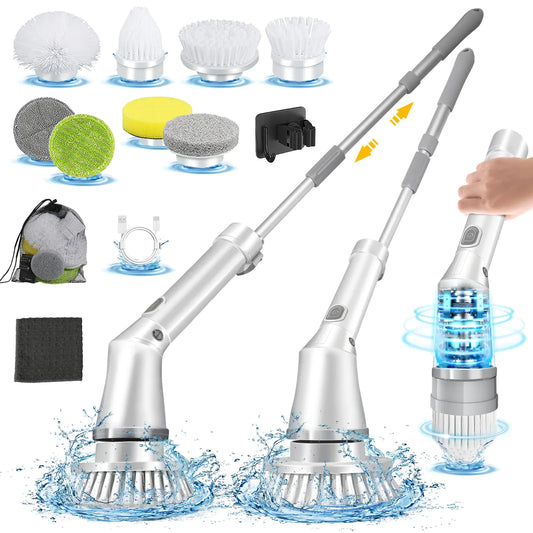 Electric Spin Scrubber Dual Speed Cordless Rechargeable Cleaning Brush with 8 Interchangeable Brush Heads