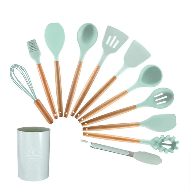 Jeu d'ustensiles de cuisine en silicone avec manche en bois clair (12 pièces)