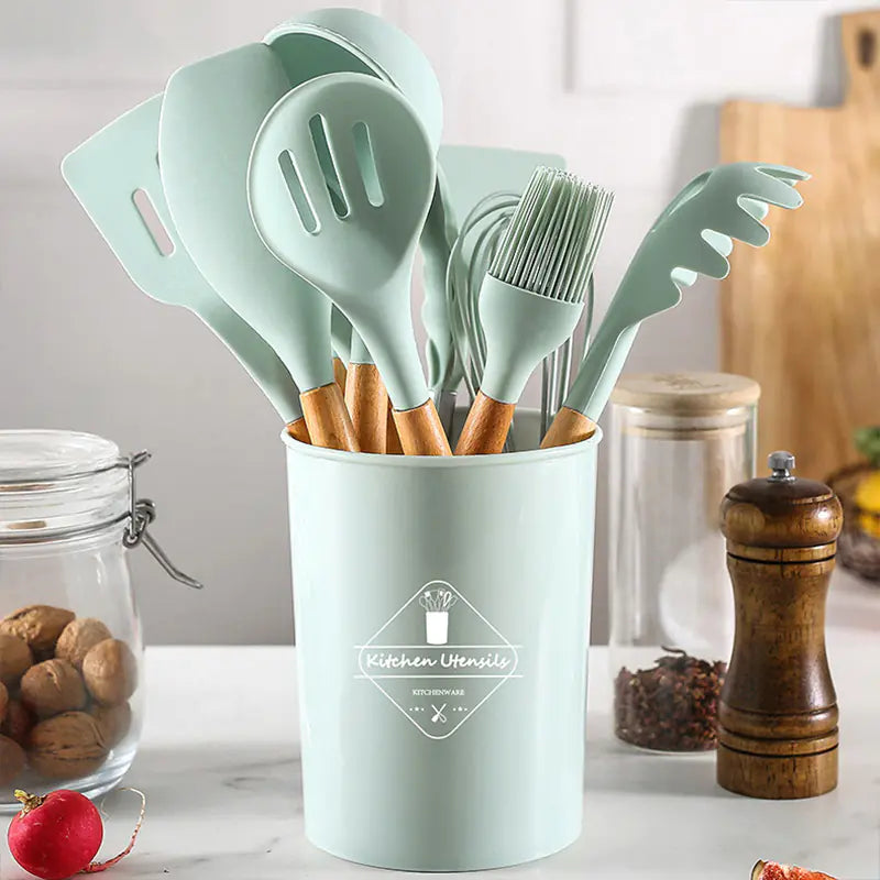Silicone Kitchen Tool Set with Light Wood Handle (12-Piece)