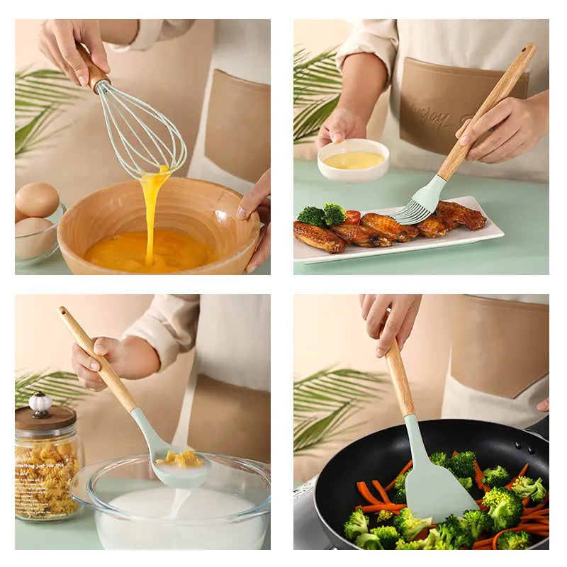 Silicone Kitchen Tool Set with Light Wood Handle (12-Piece)