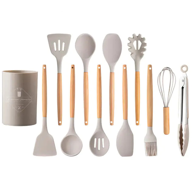 Silicone Kitchen Tool Set with Light Wood Handle (12-Piece)