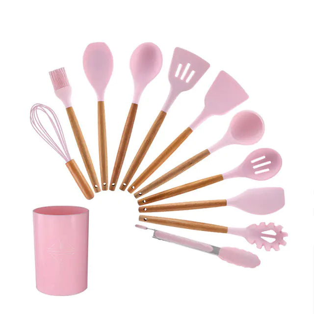 Silicone Kitchen Tool Set with Light Wood Handle (12-Piece)